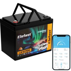 Elefast 12V 100Ah Bluetooth LiFePO4 Lithium Battery, 100A BMS,Low Temperature Protection with Up to 8000 Cycles, Max. 1280Wh Energy LiFePO4 Battery in